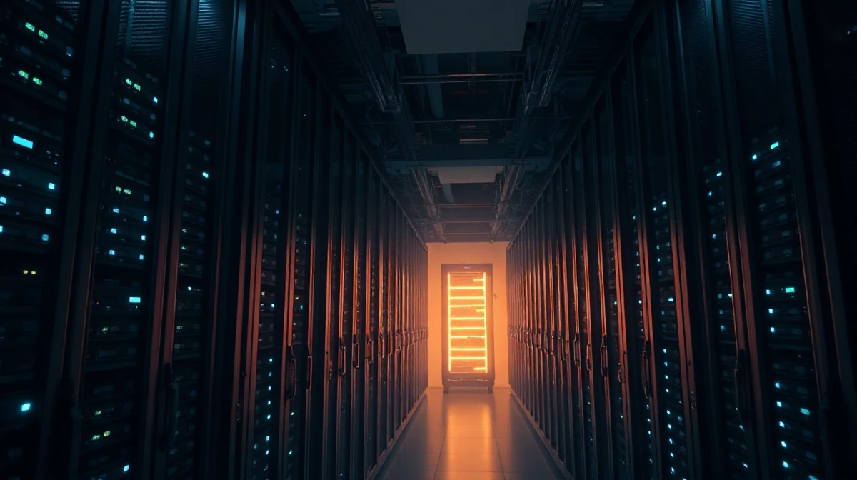 A glowing server rack in a dim data center, symbolizing rising AI infrastructure costs.