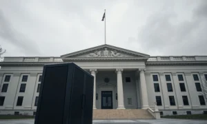 Government building in Washington D.C. with an AI server rack in the foreground, symbolizing tech regulation.