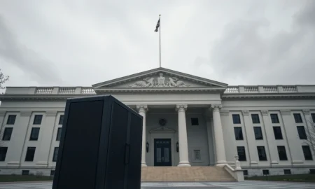 Government building in Washington D.C. with an AI server rack in the foreground, symbolizing tech regulation.