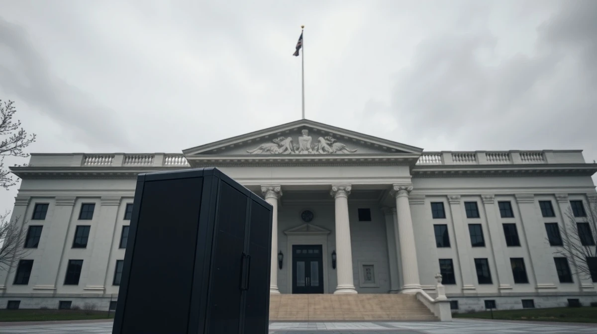 Government building in Washington D.C. with an AI server rack in the foreground, symbolizing tech regulation.