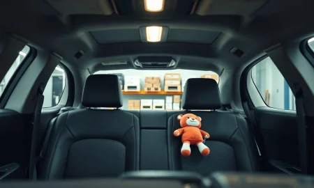 Interior of a Waymo robotaxi with a forgotten Squishmallow toy on the back seat inside an AV depot.