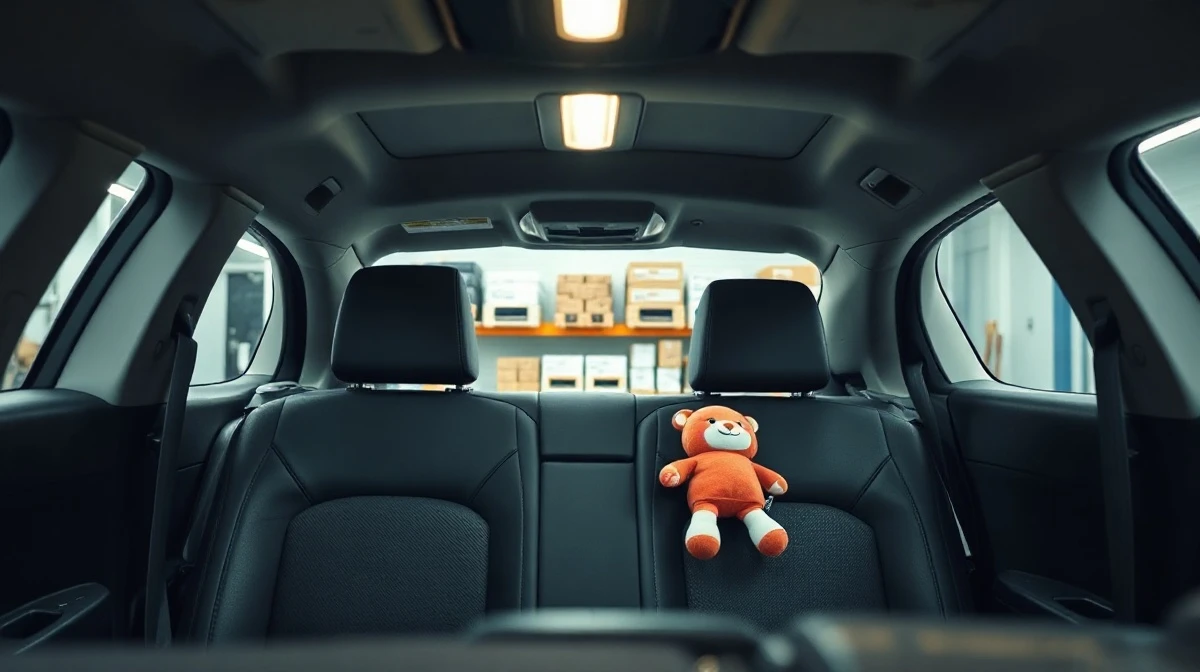Interior of a Waymo robotaxi with a forgotten Squishmallow toy on the back seat inside an AV depot.