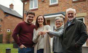 Young couple with grandparents outside a terraced house, representing family help for a first home purchase