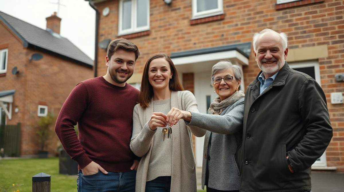 Young couple with grandparents outside a terraced house, representing family help for a first home purchase