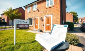 A brick semi-detached house with a For Sale sign and property documents on the porch, representing the UK home-selling process.