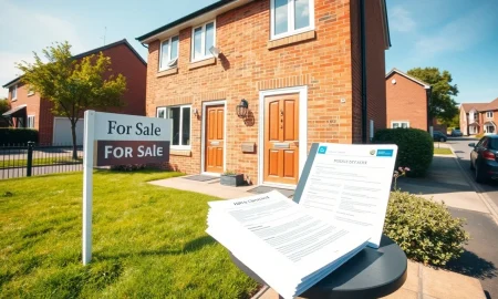 A brick semi-detached house with a For Sale sign and property documents on the porch, representing the UK home-selling process.