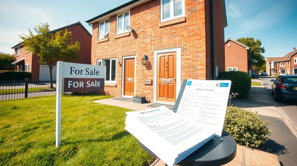 A brick semi-detached house with a For Sale sign and property documents on the porch, representing the UK home-selling process.