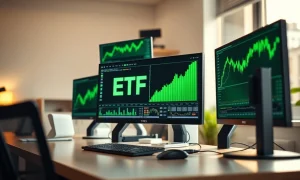 Financial trading desk with monitors showing ETF performance charts