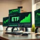 Financial trading desk with monitors showing ETF performance charts
