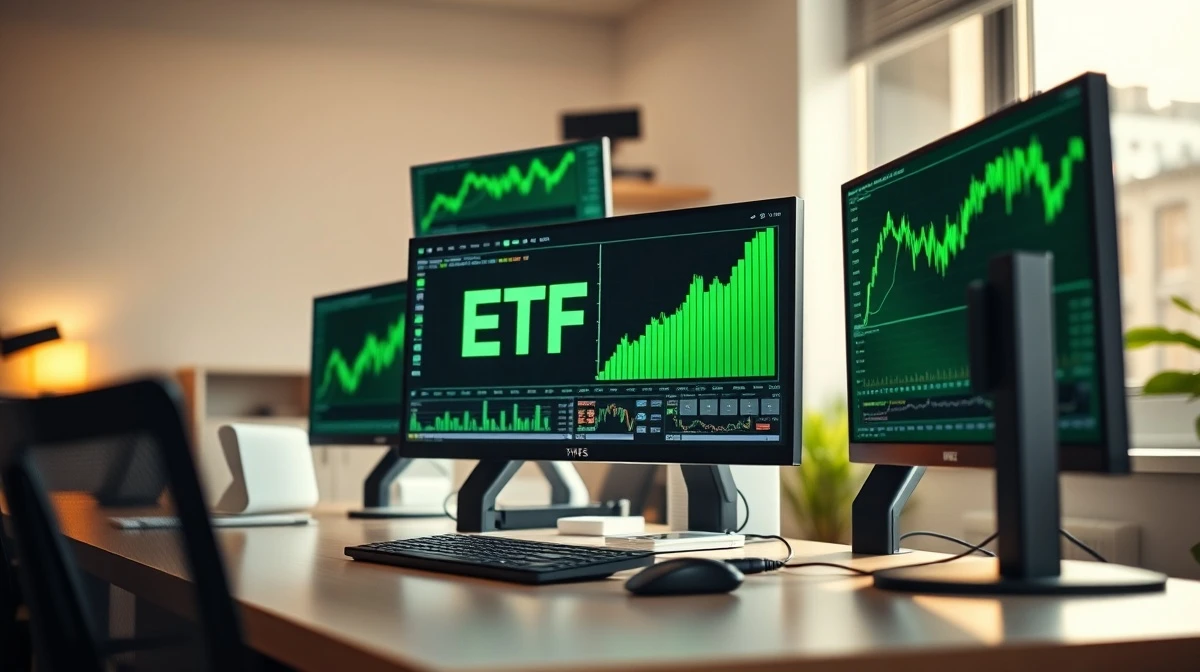 Financial trading desk with monitors showing ETF performance charts