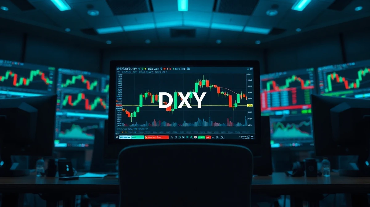 Financial trader monitors showing DXY chart and forex data on a trading desk