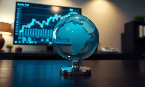 Glass globe of the world on a desk with a financial chart on a computer monitor in the background.
