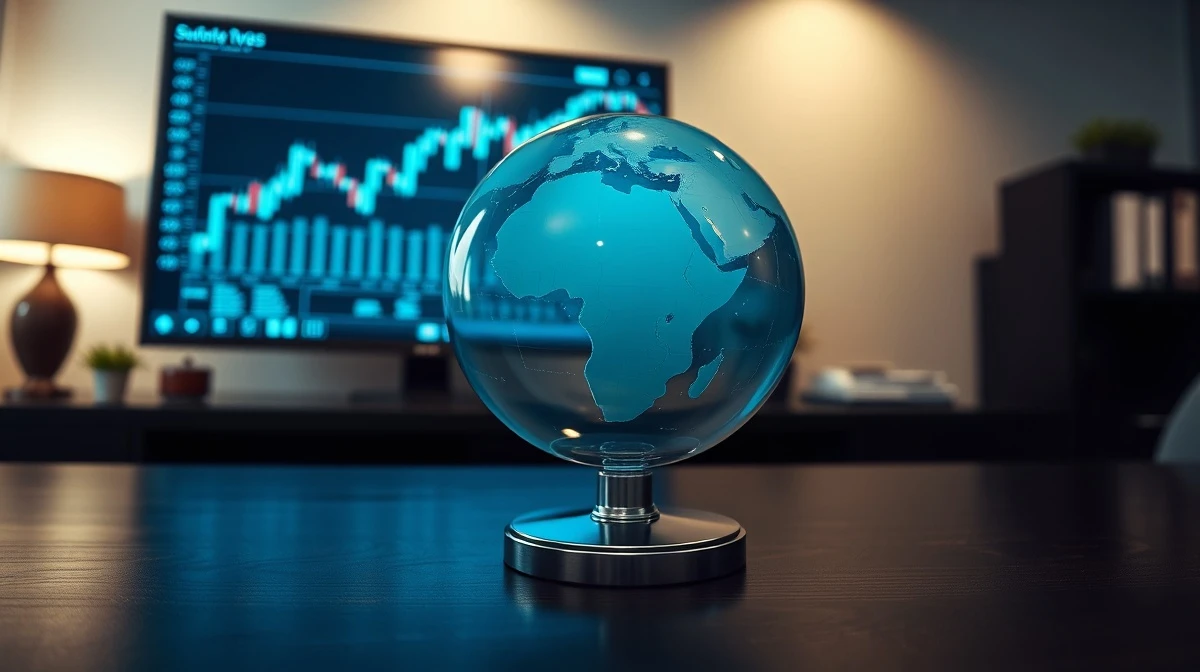 Glass globe of the world on a desk with a financial chart on a computer monitor in the background.