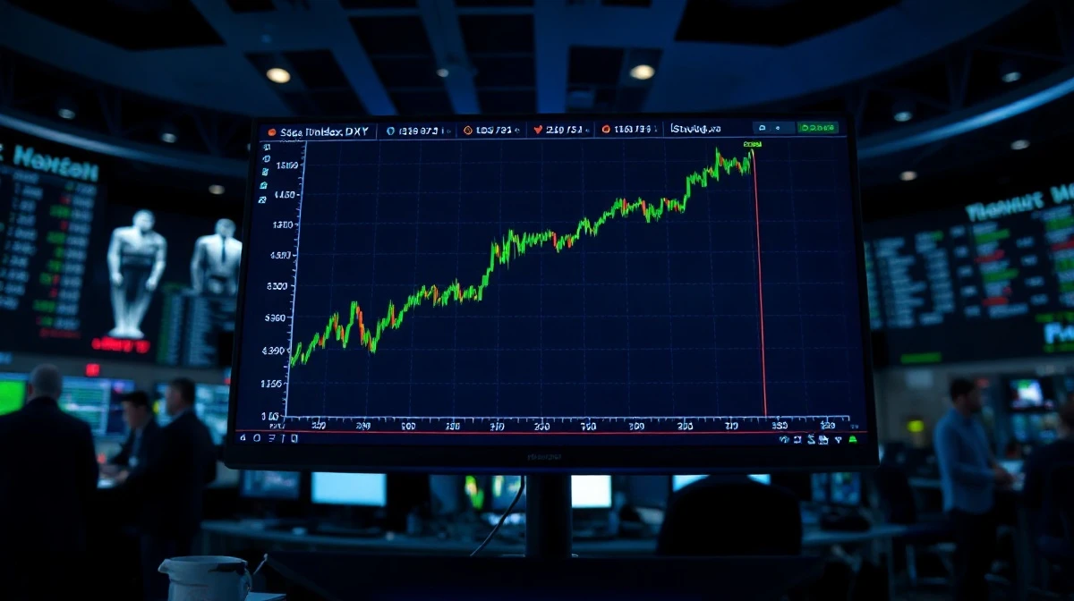 US Dollar Index chart showing a rally on a trading floor monitor