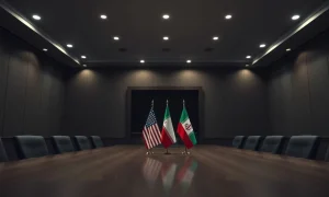 Empty diplomatic meeting room with US and Iranian flags on opposite sides of a table.