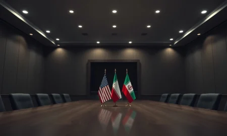 Empty diplomatic meeting room with US and Iranian flags on opposite sides of a table.