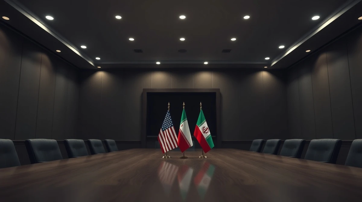 Empty diplomatic meeting room with US and Iranian flags on opposite sides of a table.