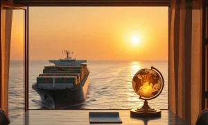 Oil tanker in the Strait of Hormuz with diplomatic meeting room in background