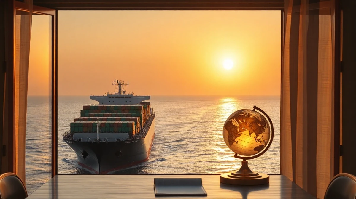 Oil tanker in the Strait of Hormuz with diplomatic meeting room in background