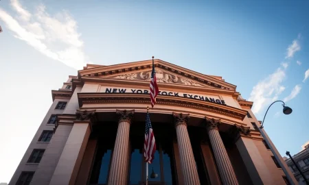 New York Stock Exchange building facade on Wall Street during golden hour, representing steady US Treasury yields and bond market conditions.