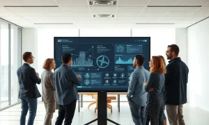 Team of engineers and designers collaborating on AI code in a modern Bay Area office