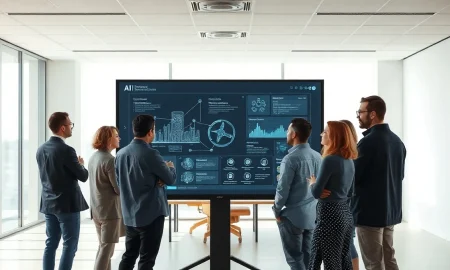 Team of engineers and designers collaborating on AI code in a modern Bay Area office