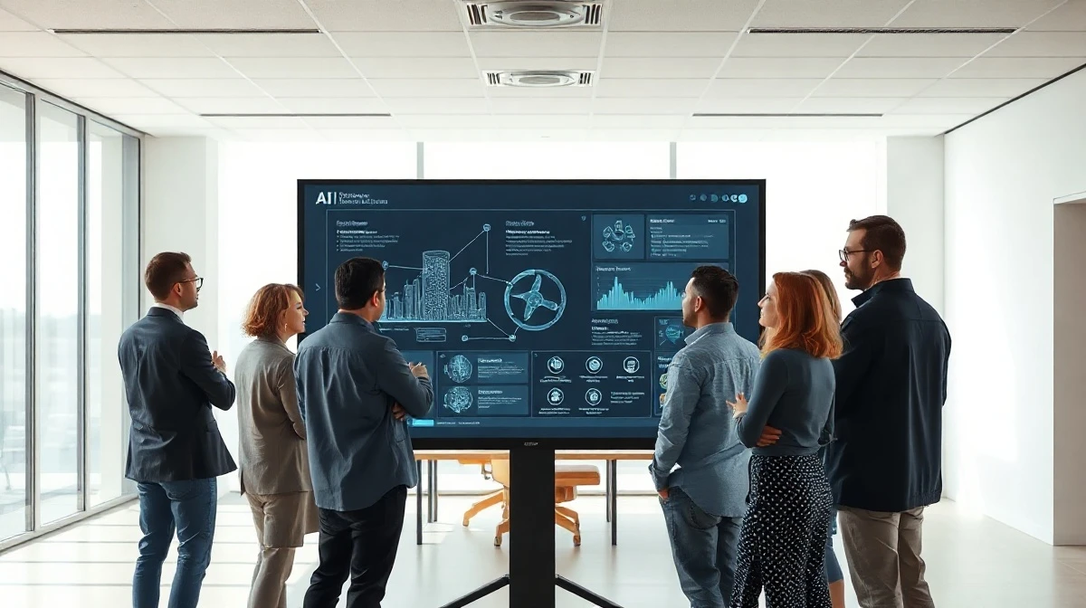 Team of engineers and designers collaborating on AI code in a modern Bay Area office