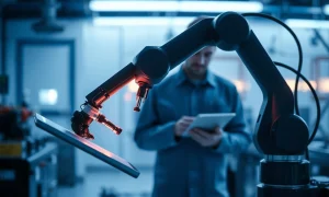 Robot arm controlled remotely via tablet in a modern industrial lab