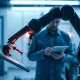 Robot arm controlled remotely via tablet in a modern industrial lab