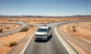 Aerial view of Waymo autonomous vehicle on test track at former Apple proving ground in Arizona
