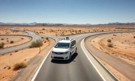 Aerial view of Waymo autonomous vehicle on test track at former Apple proving ground in Arizona