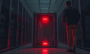 Compromised server rack with red warning light in a darkened data center.