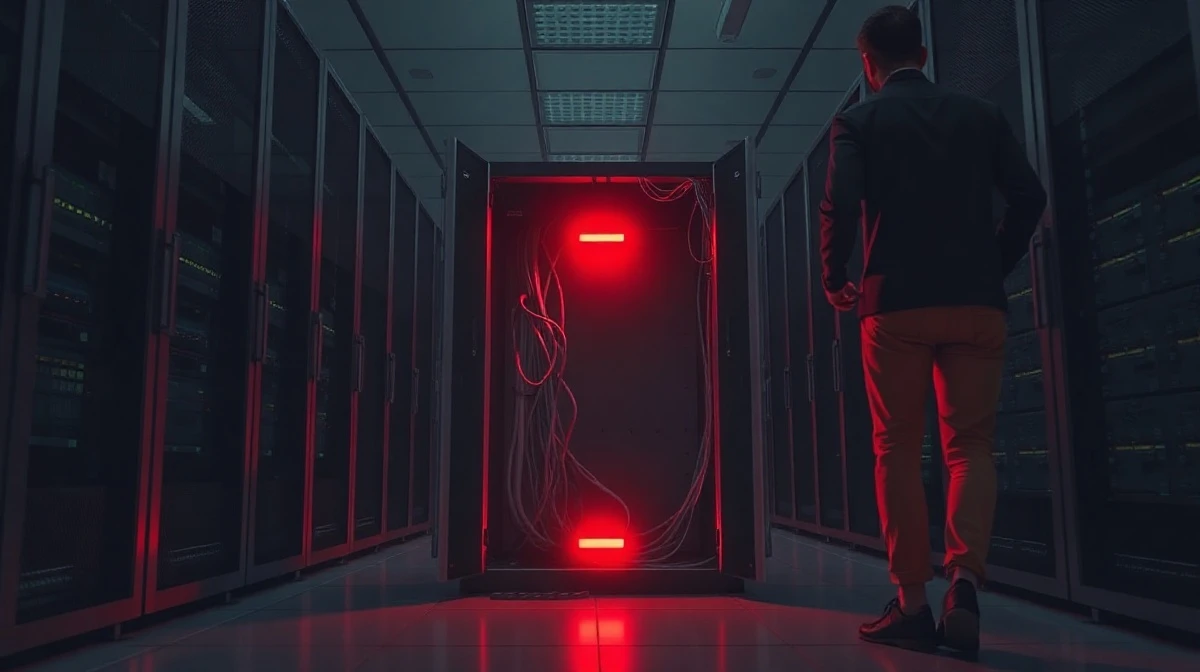 Compromised server rack with red warning light in a darkened data center.