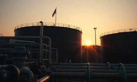 Oil storage tanks at sunset reflecting geopolitical tension and rising crude prices