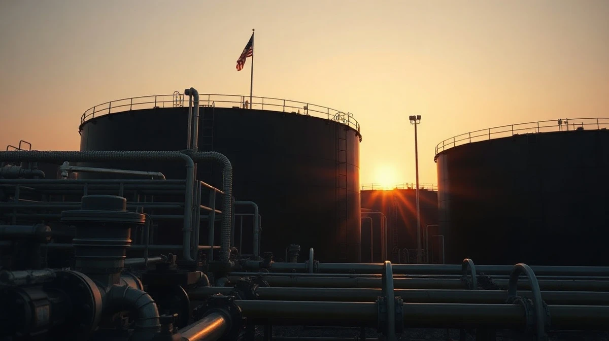 Oil storage tanks at sunset reflecting geopolitical tension and rising crude prices