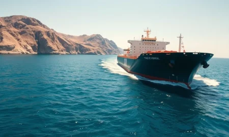 A large oil tanker navigates the strategic Strait of Hormuz waterway.