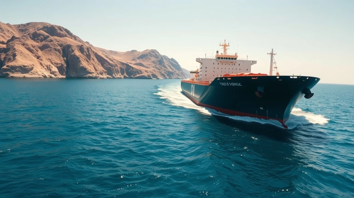 A large oil tanker navigates the strategic Strait of Hormuz waterway.