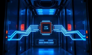 Illuminated server rack with dual processing pathways representing ZeroDrift's dual-LLM compliance system