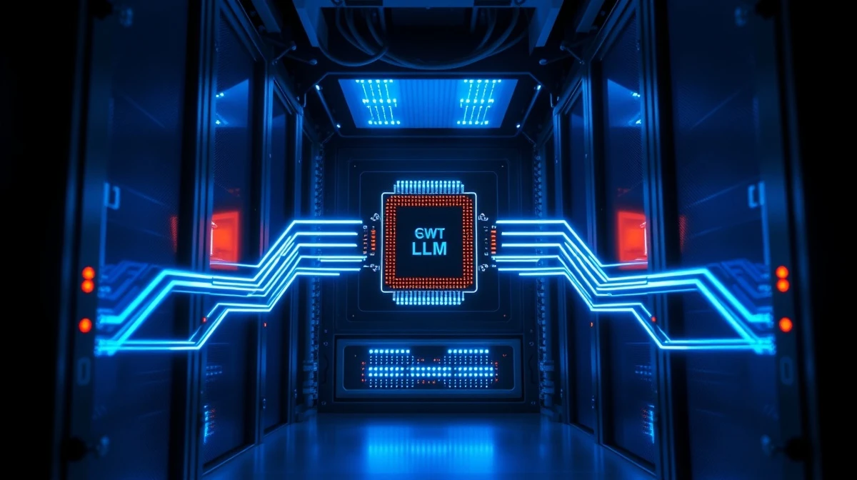Illuminated server rack with dual processing pathways representing ZeroDrift's dual-LLM compliance system