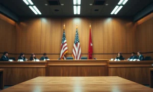Courtroom scene with judge's bench and American flag, representing Apple's lawsuit against OpenAI