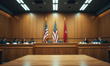 Courtroom scene with judge's bench and American flag, representing Apple's lawsuit against OpenAI