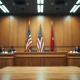 Courtroom scene with judge's bench and American flag, representing Apple's lawsuit against OpenAI
