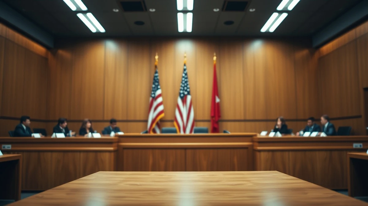Courtroom scene with judge's bench and American flag, representing Apple's lawsuit against OpenAI