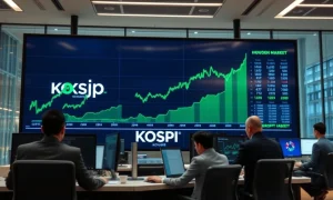 A stock market display board in Seoul showing green charts, reflecting the KOSPI's rally on AI optimism.
