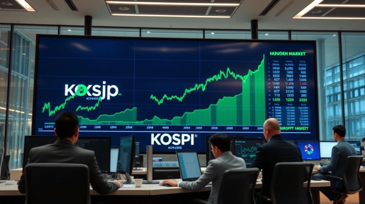A stock market display board in Seoul showing green charts, reflecting the KOSPI's rally on AI optimism.