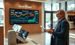 Modern bank branch with digital kiosk and stock charts on display