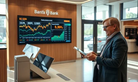 Modern bank branch with digital kiosk and stock charts on display