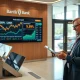Modern bank branch with digital kiosk and stock charts on display