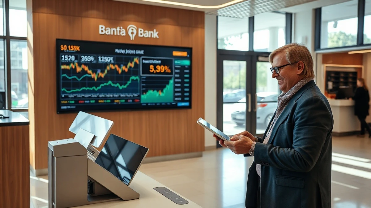 Modern bank branch with digital kiosk and stock charts on display