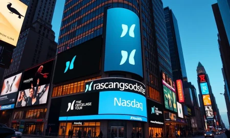 Nasdaq MarketSite building in Times Square with Bending Spoons branding on the digital billboard during IPO day